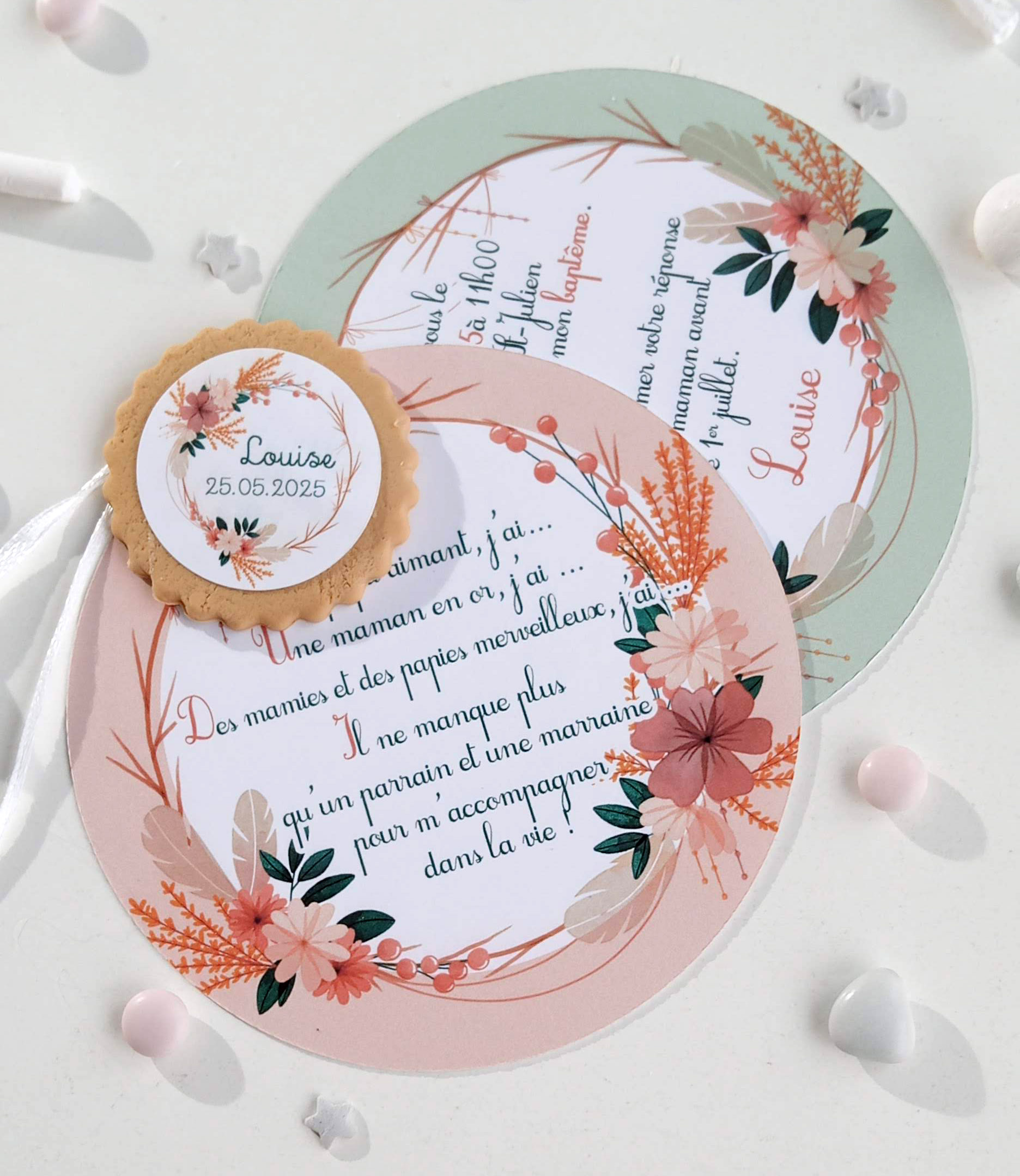 Faire-part-theme-couronne-rond-fleuri-champetre-retro-bapteme-fleur-tendance-original-mixte-fille-vert-sauge-doux-orange