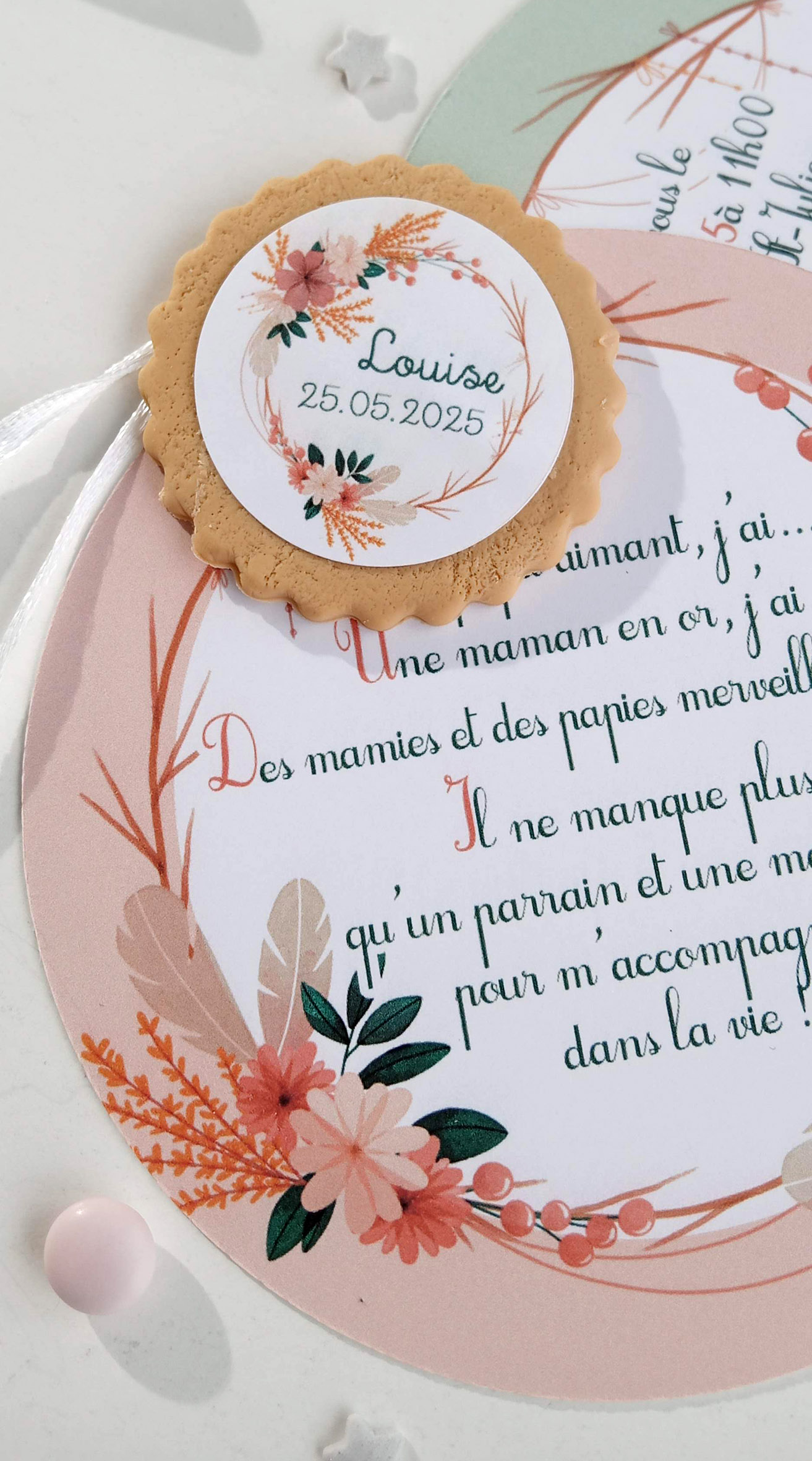 Faire-part-theme-fleuri-champetre-retro-bapteme-fleur-tendance-original-mixte-fille-vert-vieux-rose-doux-orange